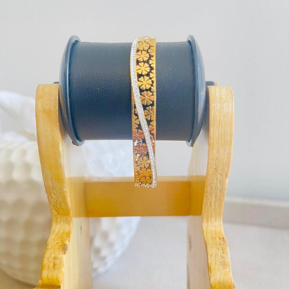 Gold plated Floral Bangle Bracelet with Diamond-Lined, Vintage Inspired Bracelet